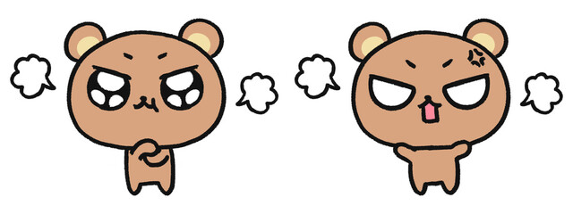 手描き、可愛いクマのキャラクター、怒っている表情2種類セット