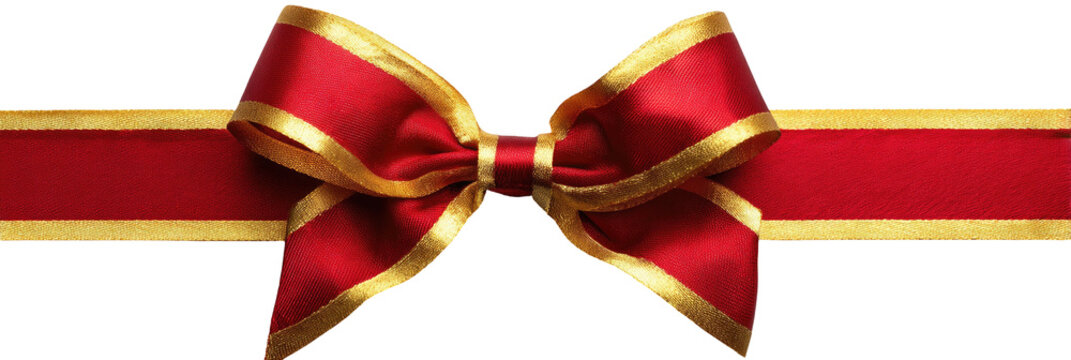 A festive red and gold ribbon tied into a bow on a black background