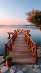 Wooden Pier Extending Over Calm Lake at Sunrise with Pink Blossoming Tree and Hazy Distant Cityscape