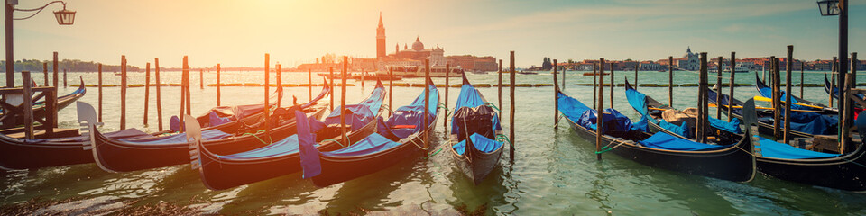 Gondolas in Venice with San Giorgio Maggiore church on background, Italy
