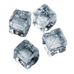 Obraz premium Four clear, textured ice cubes with internal bubbles on a black background