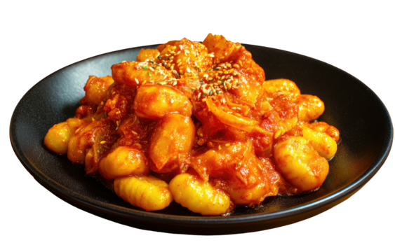 Savory, spicy rice cakes in a rich, red sauce