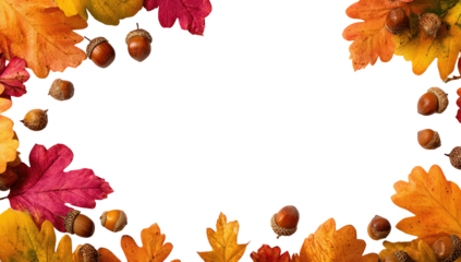 Autumn leaves and acorns frame a dark, empty space