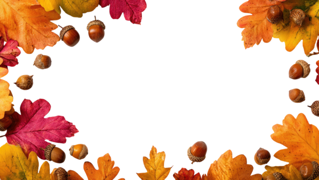 Autumn leaves and acorns frame a dark, empty space