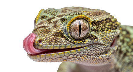 Close-up of a gecko's face with its tongue out against a