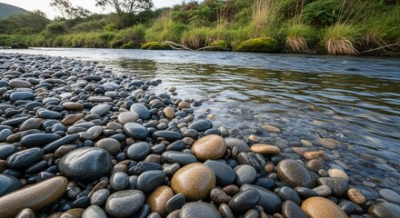 River flowing over rocks with vegetation on the bank in the distance