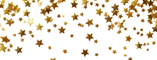 Numerous golden stars cascade downwards against a dark background
