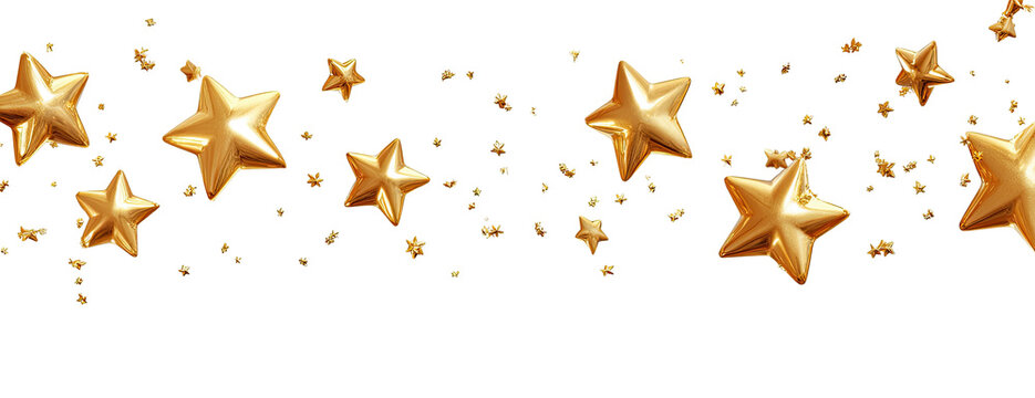Golden stars and sparkles suspended against a dark background