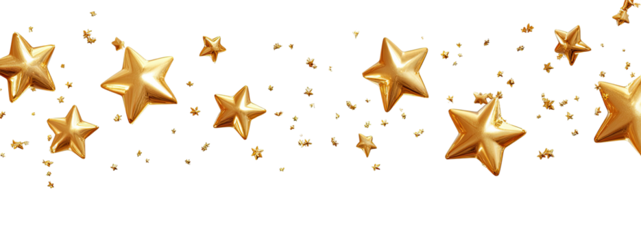 Golden stars and sparkles suspended against a dark background
