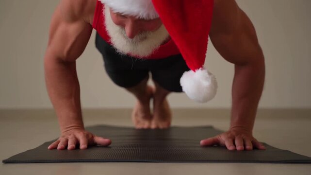 Santa Claus holding a plank position. Christmas core workout video for stability and endurance motivation.