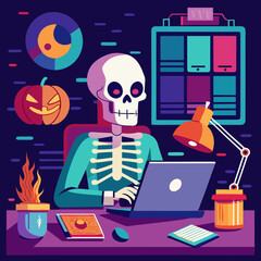 Skeleton working on laptop with halloween decorations