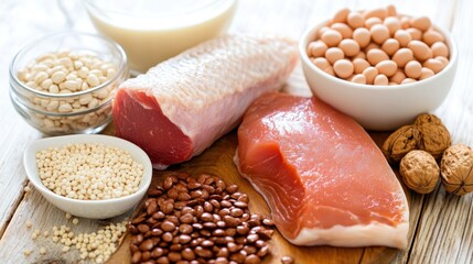 Variety of protein-rich foods arranged on a wooden surface.