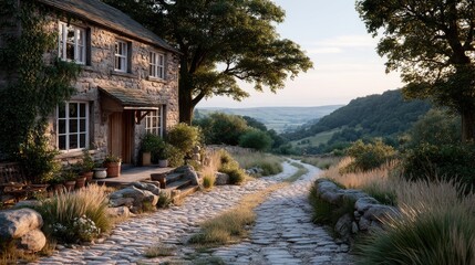 Quaint Stone Cottage Nestled Amidst Rolling Green Hills Under a Soft Golden Sunset Sky with a Winding Cobblestone Path Leading Away into the Distant Valley Landscape