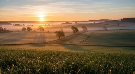 Scenic view of a field with trees and fog at sunrise in the morning