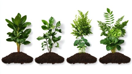 Diverse small plants growing from dark soil.