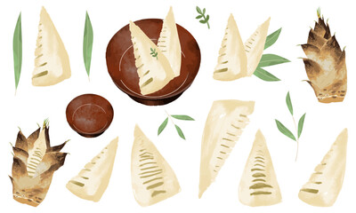 タケノコ（おせちや和食の食材として）のイラスト素材セット