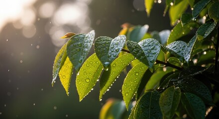 Close up of green leaves with water droplets in soft diffused light