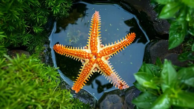Cinematic close-up of a vibrant orange starfish resting on mossy stones in shallow water,