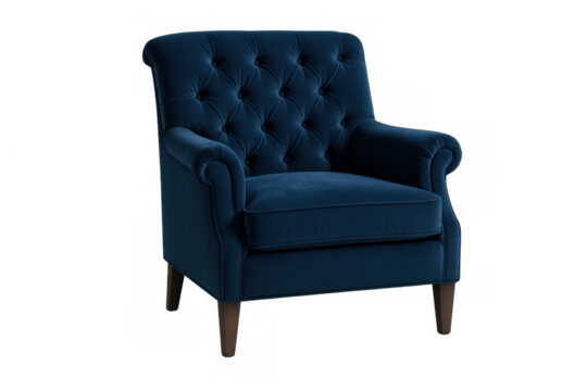 Blue velvet tufted armchair offering comfort and classic style, isolated with a transparent background