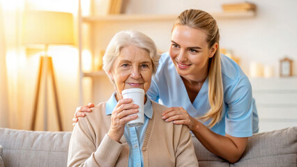 Caregiver assist support interaction elderly woman drinking milk with smiling caregiver providing gentle support and warm
