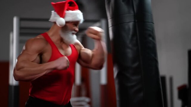 Santa Claus throwing an uppercut at a punching bag. Energetic Christmas boxing video for dynamic ads and promos.