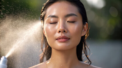 Skincare cosmetics flawless skin glowing face mist hydration serene model outdoors natural beauty