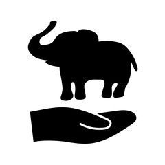 Simple vector illustration of a human hand supporting an elephant silhouette on white background. Minimal design for wildlife conservation.