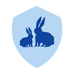 Animal Family Shield. Minimal vector illustration of a protective shield with silhouettes of adult and baby hare. Flat design for family bonds in wildlife.