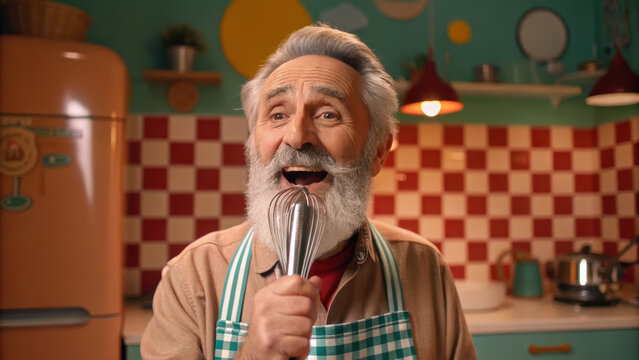 Senior man cooking singing joyfully in colorful retro kitchen with apron and whisk