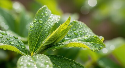 Close up of green leaves covered in water droplets in natural light