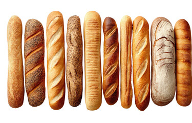 A horizontal array of diverse artisan bread loaves