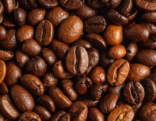 Naklejka premium Close-up of roasted coffee beans in varied shapes and shades