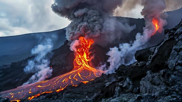 Captivating aerial footage of volcanic eruption and flowing lava stream at dusk creating dramatic