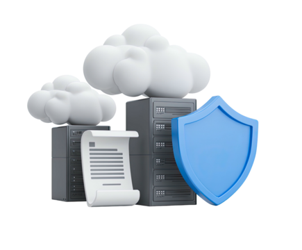 3D rendering of cloud servers, document, and security shield