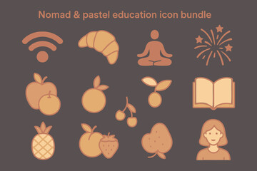 Collection of flat design icons representing education food and leisure activities in warm earth tones on a dark background