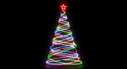 A glowing christmas tree with colorful lights and a star on a black background