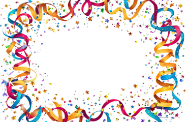 Festive frame of colorful confetti and swirling streamers