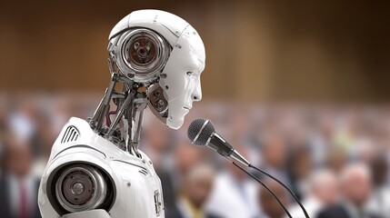 Fototapeta premium Robot as CEO giving presentation, futuristic corporate style,