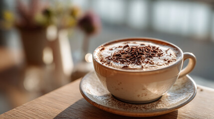 A cup of hot chocolate topped with chocolate shavings on a wooden table