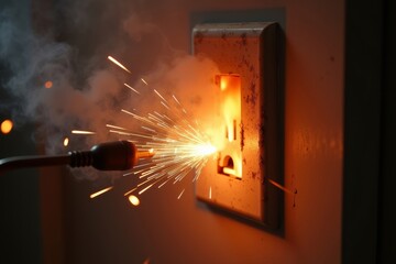 A Captivating Image of a Dangerous Electrical Short Circuit: Flames, Sparks, and Smoke Erupting from a Burning Plug Socket