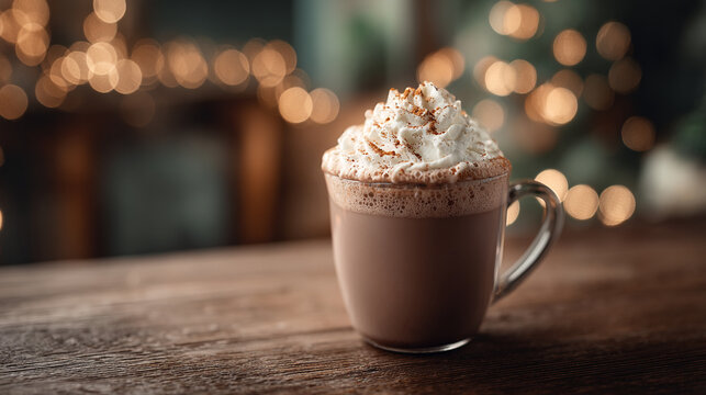 A clear mug of hot chocolate topped with whipped cream on a wooden table