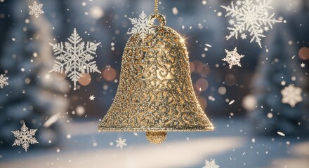 Golden christmas bell ornament hanging with snowflakes in winter scene