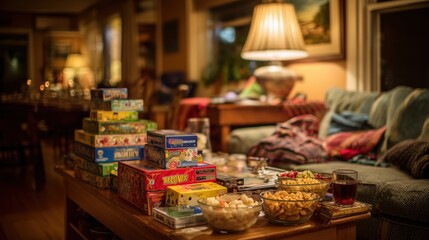 Cozy living room setup with board games snacks and warm lighting for game night