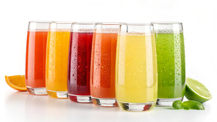 Assorted fresh fruit juice glasses healthy drink beverage colorful vitamin c