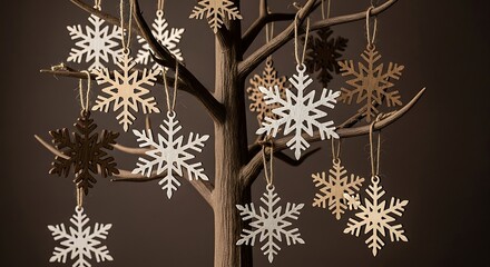 Christmas tree decorated with snowflake ornaments against a dark background