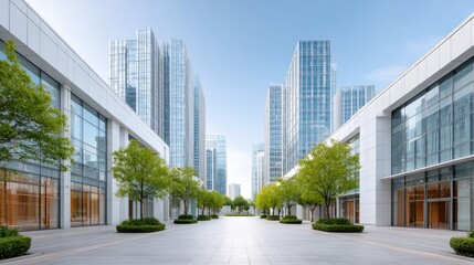 Modern City Street with Tall Glass Buildings and Lush Green Trees Under a Clear Blue Sky