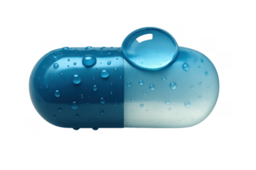 Blue and white medical capsule with water drops and large liquid bubble, concept of hydration and health, transparent background