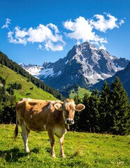 Cow standing in a green meadow with mountains and blue sky backdrop