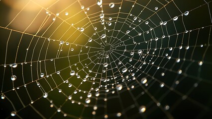 Naklejka premium A spider web with morning dew drops, backlit by soft sunlight. wildlife magazines, conservation campaigns, designed for eco-tourism storytelling, used by chefs.
