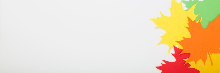 Created colorful different paper maple leaves from application paper on light gray table background. Closeup. Wide banner. Autumn decoration. Empty place for text. Top down view.